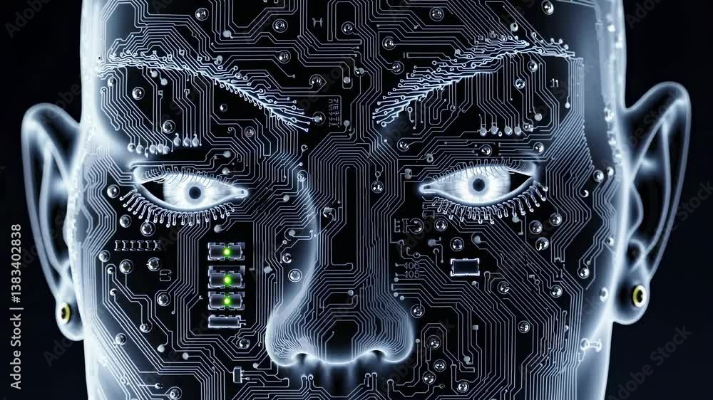 Poster intricate circuit board patterns forming a human face with closed eyes, symbolizing artificial intel