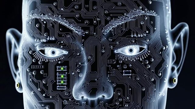 Intricate circuit board patterns forming a human face with closed eyes, symbolizing artificial intelligence processing data and merging technology with human consciousness