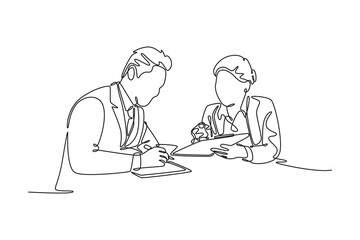 Middle-aged Asian business lady showing contract to her male colleague. Agreement business concept. Single line draw design. Vector graphic illustration