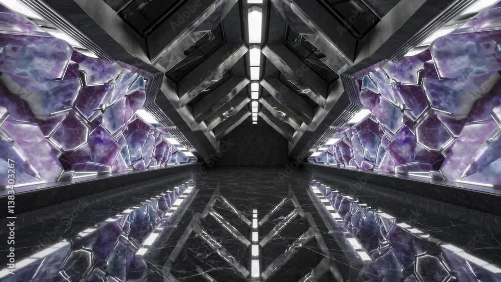 Poster futuristic metallic corridor features glowing purple crystals embedded in hexagonal patterns on the 