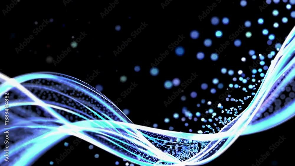 Poster abstract digital art with glowing particles flowing along light trails on a black background, creati