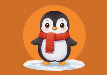 Cute Cartoon Penguin Wearing Red Scarf on Orange Background