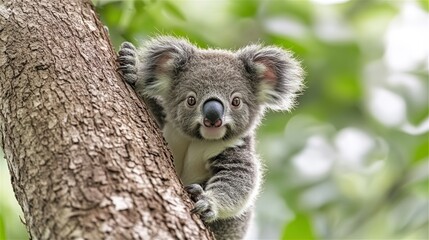 Cute koala joey clinging to tree in lush forest.  Possible use Nature, wildlife, conservation