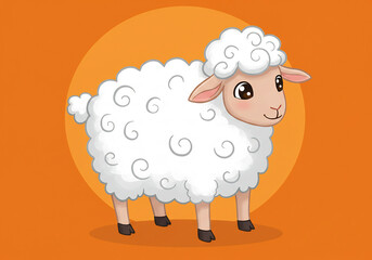 Cute Cartoon Sheep Illustration on Orange Background