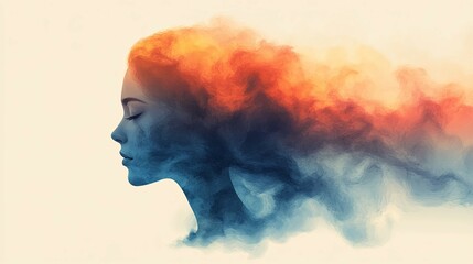 Womans Profile Blended With Colored Swirls Forming Imaginative Clouds