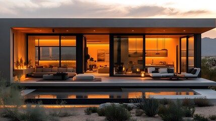 Fototapeta premium Desert minimalist house, open-layout, warm earthy tones, modern sustainable design, solar energy