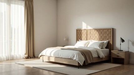 Serene Bedroom with Natural Light and Minimalist Design Featuring a Comfortable Bed and Wooden Nightstand