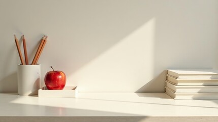 Serene Workspace with Sunlight Illuminating a Stack of Books, Pencils, and a Red Apple on a Minimalist White Desk