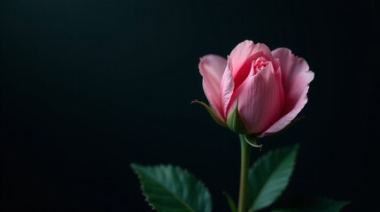 A Delicate Pink Rosebud Against a Dark Background, a Symbol of Elegance and Subtle Beauty