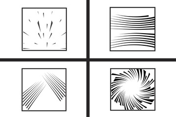 Set of radial manga comic motion isolated on transparent background. Anime action light flash frame lines. Explosive square template speed abstract, manga comics action frame. Vector illustration