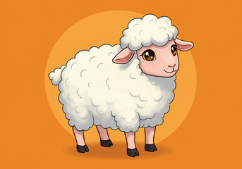 Cute Fluffy White Sheep Cartoon Illustration on Orange Background