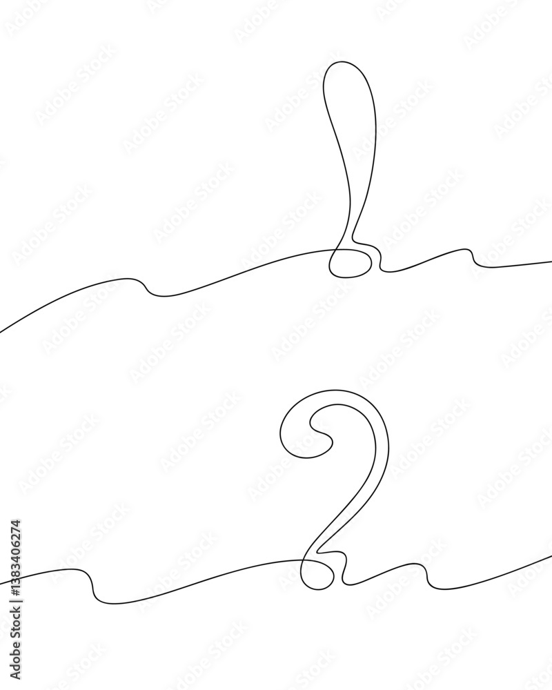 Poster minimalistic linear drawing with one continuous line of a question mark and exclamation mark, vector