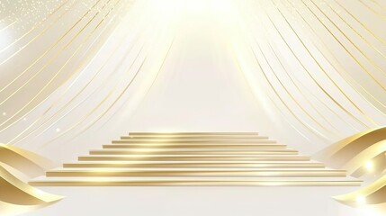Symmetrical golden stairs surrounded by glowing light rays on a white and gold gradient backdrop with metallic ribbon details. Ultra-high-definition vector artwork for luxury event invitations, cosmet