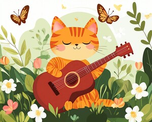 cartoon cat playing guitar A playful cat strumming a guitar in nature.