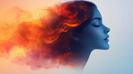 Woman Profile Depicted Alongside Fiery Abstract Nebula Elements