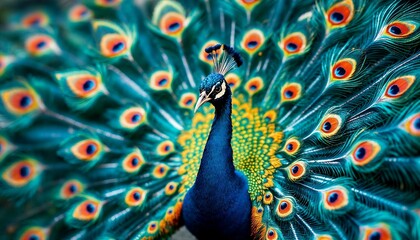 Fototapeta premium Peacock Displaying Feathers with Vibrant Colors in Detailed Closeup