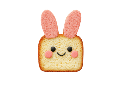 Cute bunny toast with pink ears and cheeks on a transparent background. Creative food art for kids.
