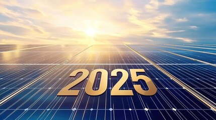 Futuristic solar panel with glowing golden "2025" numerical text, sun rays illuminating photovoltaic cells under vibrant blue sky. Upward arrow symbolizing technological progress in renewable energy, 