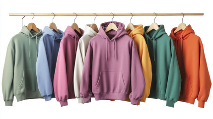 A colorful collection of hoodies hanging on a wooden hanger showcasing vibrant designs and streetwear fashion. AI generative