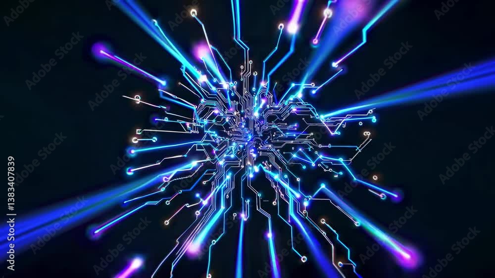 Poster complex network of circuits and nodes transferring data, creating a dynamic visualization of technol
