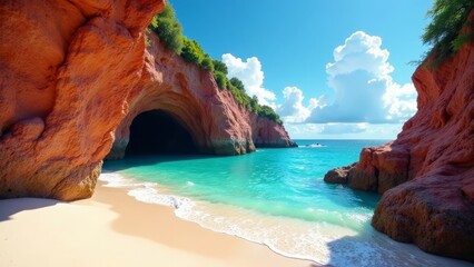 Fototapeta premium Secluded cove with red rock formations and tranquil turquoise water, perfect for relaxation and escape