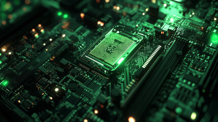 Fototapeta premium The glowing CPU on a circuit board illustrates the cutting-edge technology behind modern processors. AI generative