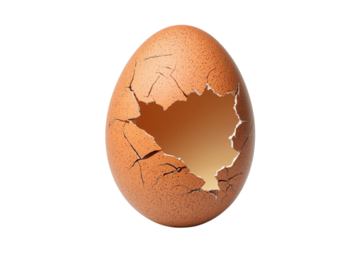 Cracked eggshell with a hole on a transparent background. Concept of fragility, vulnerability, or new beginnings.