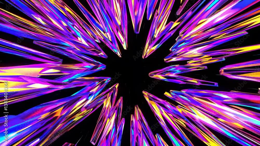 Poster abstract digital art featuring an explosion of colorful crystal shards emanating from a central poin