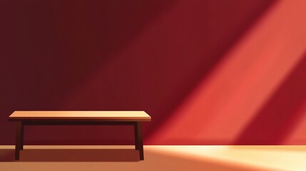  Minimalist vector illustration of an empty table under warm spotlight with red solid background and dramatic shadow play. Clean modern design emphasizing depth and focus for e-commerce product stagin