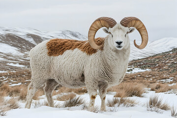 A majestic ram with large curved horns stands in the snow
