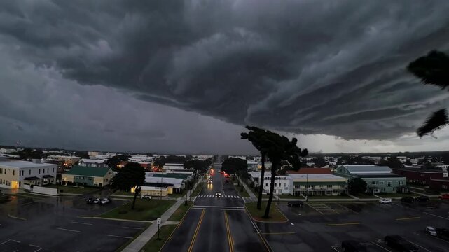 Dark storm clouds gather over a florida town, trees bending in the wind as hurricane ian approaches, bringing heavy rain and powerful gusts