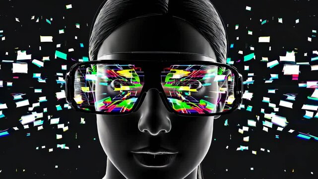 Woman wearing virtual reality glasses is entering metaverse with colorful digital effects exploding from the sides of her head on a black background