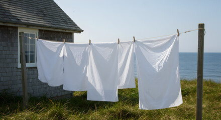 Seaside Serenity Linen Sheets Fluttering on Clothesline Near Cottage