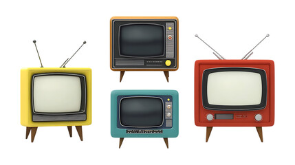 Four colorful retro cathode ray tube televisions with antennas are set up in a grouping isolated on a clean transparent background.
