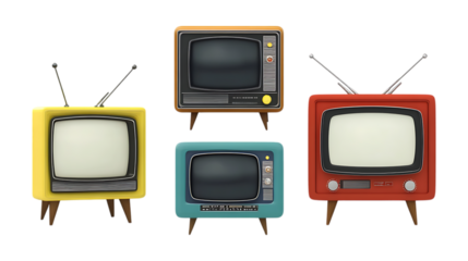 Pack of Vintage Television set Against Transparent Background for Retro Branding, Antique Promotion, or Media Design Projects