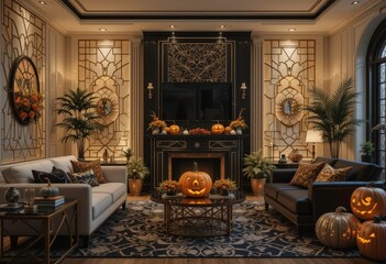  Art Deco Halloween Interior Geometric Designs, Gold Details, Carved Pumpkins, and Twinkling Lights in a Living Room