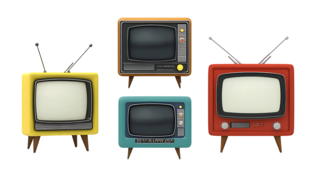 Pack of Vintage Television set Against Transparent Background for Retro Branding, Antique Promotion, or Media Design Projects