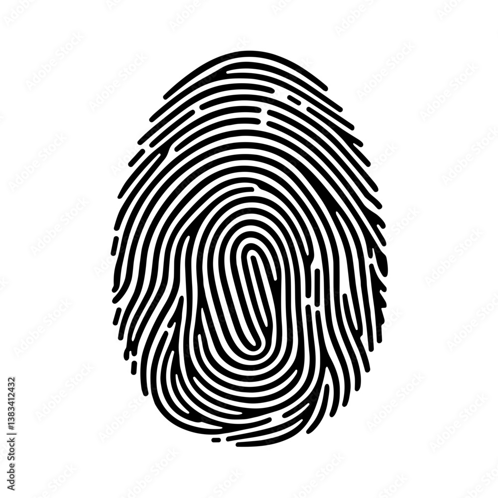 Poster fingerprint scan in a minimalistic black-and-white line art style with clean geometric shapes