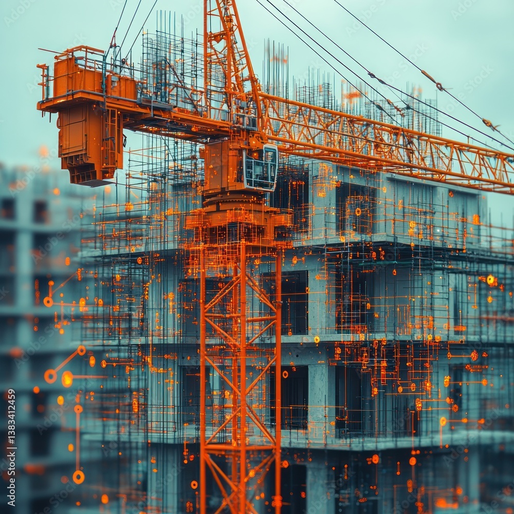 Poster digital construction: modern building site with crane and overlay of circuitry design