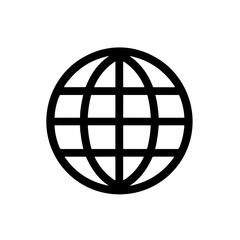 Simple black-and-white globe symbol with intersecting lines in a minimalistic design for global themes