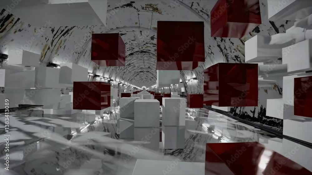 Poster white geometric shapes are juxtaposed against the decaying walls of an illuminated tunnel. creating 