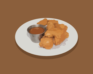 Fried chicken on a plate vector. Plate, chicken, food, vector, meat, meal, fried, illustration, isolated, dish, hot, delicious, restaurant. Can use for infographic, banner, poster, web design.  