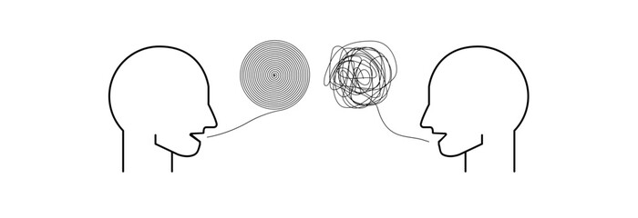 Communication between two people, one is talking clearly and the other is not speaking clearly. Concept of mental state.