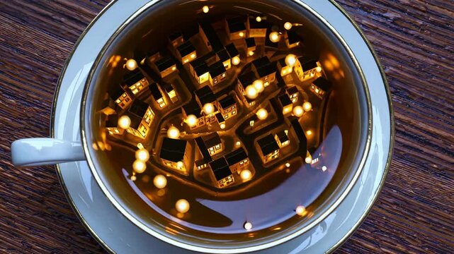Top view of a miniature town with glowing lights submerged in a cup of tea, placed on a dark wooden table, creating a surreal and cozy atmosphere