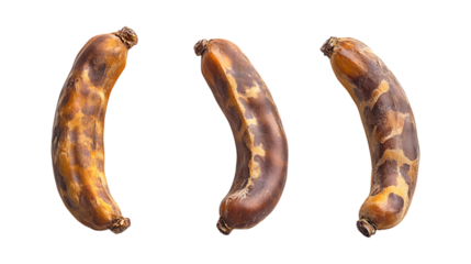 Three spoiled, dark-brown sausages are presented in a row, isolated on a stark transparent background for food advertising.