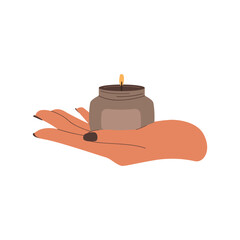 Vector illustration of a hand holding a candle. The concept of aromatherapy for relaxation.