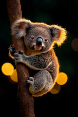 Fototapeta premium koala sitting on tree branch, showcasing its adorable features and fluffy fur, surrounded by soft, blurred background of warm lights