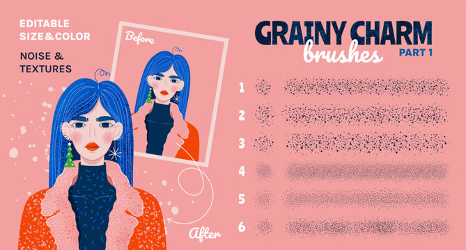Grain scatter brushes. Set 1. Creative collection with noise effect, grunge texture, paint splash, halftone. Design kit with basics and brush strokes. Swatches included. Editable size and color.
