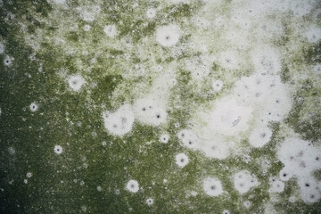 A green surface with white spots and holes