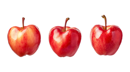 Three shiny red apples with stems are arranged neatly in a line for healthy food advertising or educational material isolated on transparent